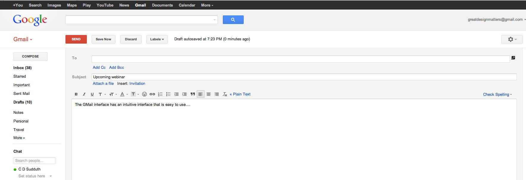 Larger view of Gmail workspace window